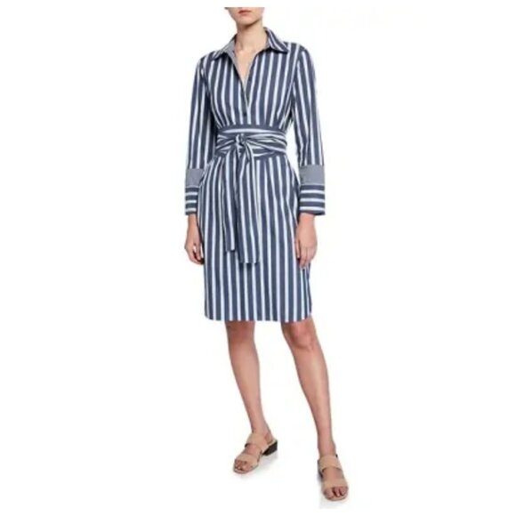 NWT Lafayette 148 Fabiola Twilight Dungaree Blue Stripe Long Sleeve Belted Dress - Picture 1 of 9